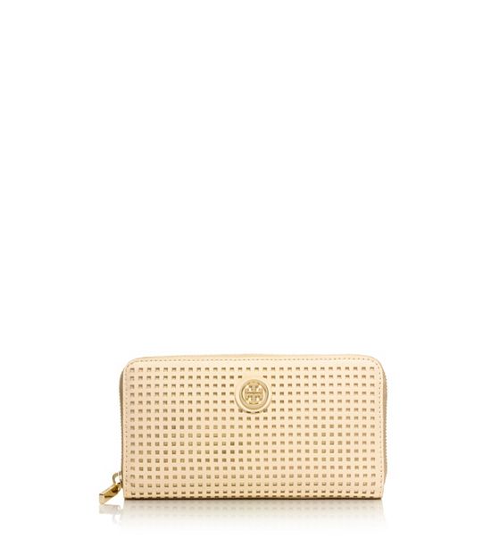 Tory Burch robinson PERFORATED ZIP CONTINENTAL WALLET in Vanilla Cream