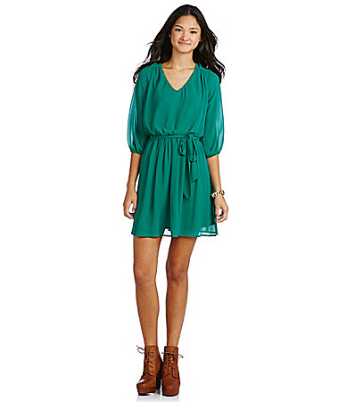 I.N. San Francisco Lattice-Back 3/4-Sleeve Dress in Pine