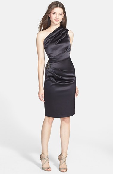 Eliza J Beaded One-Shoulder Satin Dress (Regular & Petite) in Black. Nordstrom