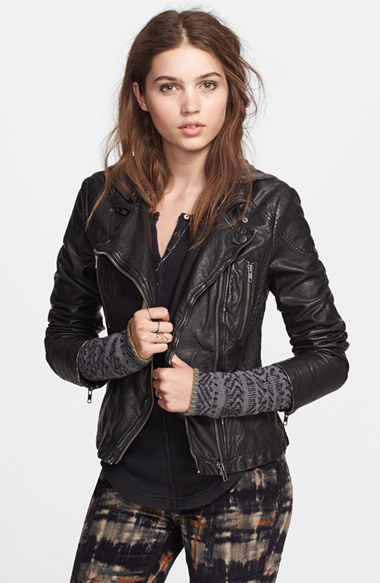 Free People Hooded Faux Leather Moto Jacket in Black