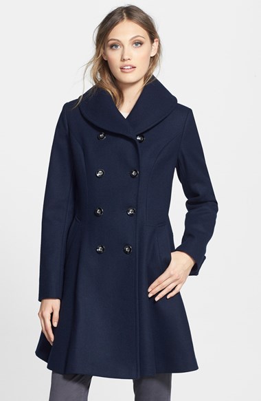 Via Spiga Skirted Wool Blend Coat in Navy Blue