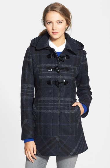 GUESS Plaid Toggle Front Coat with Removable Hood (Regular & Petite)