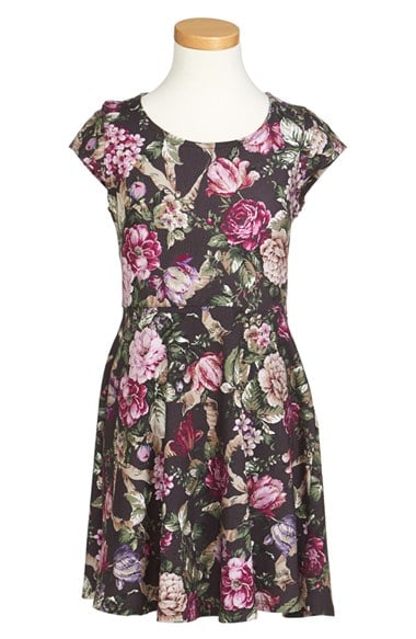 Mia Chica Floral Print Skater Dress (Big Girls) in Black and Pink