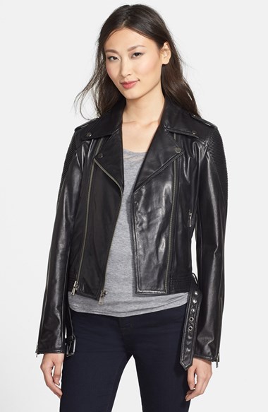 Nicole Miller Trapunto Stitch Lambskin Leather Moto Jacket in Black