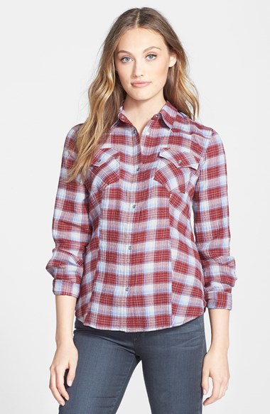 Sandra Ingrish Crinkle Western Plaid Shirt in Oxblood