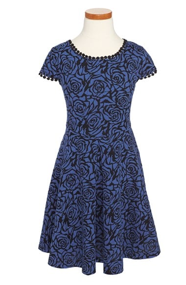 Kiddo Jacquard Rose Floral Print Knit Skater Dress (Big Girls) in Royal Blue/Black