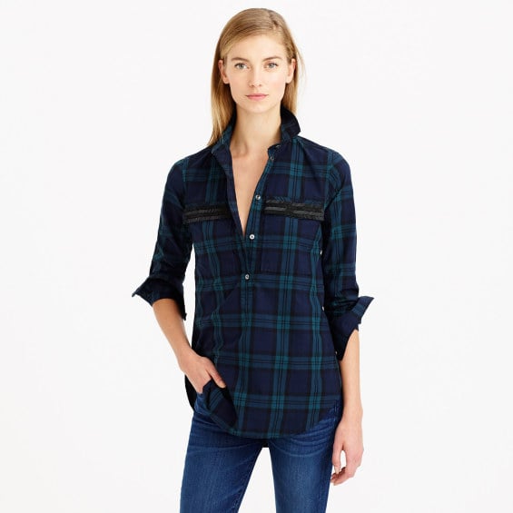 J.Crew BEADED CHEVRON POPOVER Top IN BLACK WATCH PLAID in Midnight