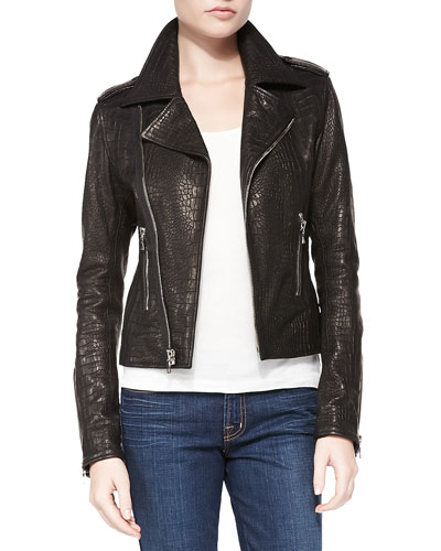 RtA Denim Snake-Print Leather Moto Jacket in Debosse Snake Black 