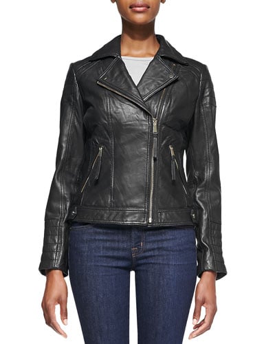 Neiman Marcus Notched-Collar Trapunto Leather Moto Jacket in Black
