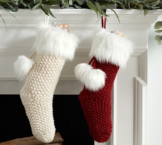 Pottery Barn Knit Stocking with Faux Fur Trim Red Ivory pottery barn christmas decor sale