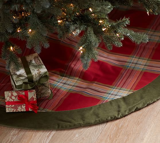 BLAKE PLAID AND VELVET TREE SKIRT. Pottery Barn