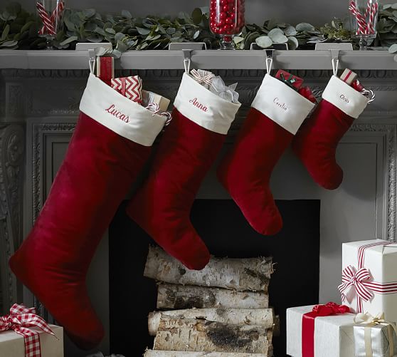 Monogrammed VELVET STOCKING in Red and Ivory
