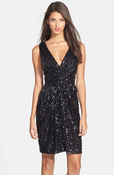Aidan by Aidan Mattox Sequin Gathered Sheath Dress in Black