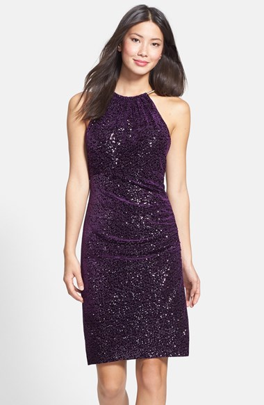 Eliza J Sequin & Velvet Sheath Dress in Eggplant