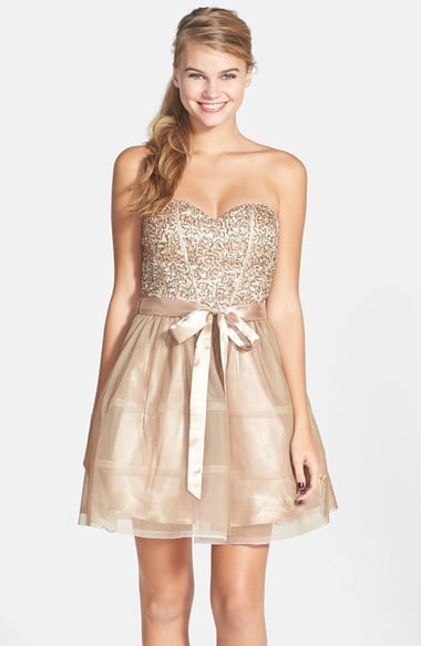 Steppin Out Sequin Lace Strapless Skater Dress (Juniors) in Dark Alabaster