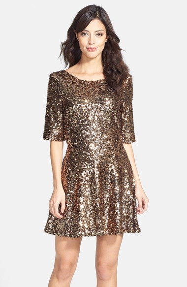 French Connection 'Ozlem' Sequin Fit & Flare Dress in Gold