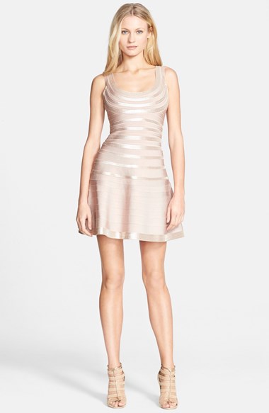 Herve Leger Metallic Leather Sequin Fit & Flare Tank Dress in Bare Combo