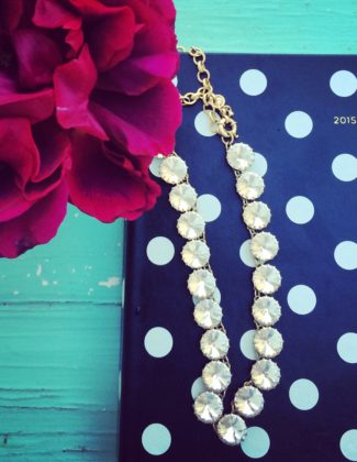 Love my 2015 Kate Spade New York Deco Dot Agenda (and of course my J.Crew Venus Flytrap necklace and roses from my garden).