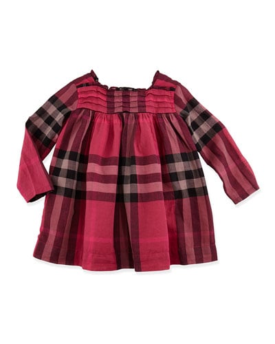 Burberry Check Ruffle-Collar Dress, Deep Claret, 3M-3Y