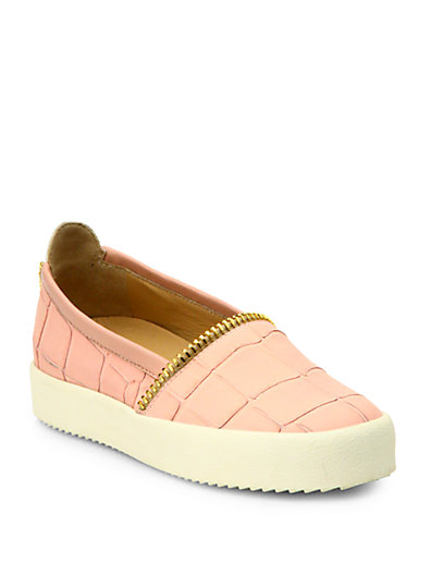 Giuseppe Zanotti Croc-Embossed Leather Slip-On Sneakers in Pink with Zipper Detail