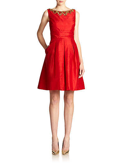 Kay Unger Embellished Dupioni Fit & Flare Dress 0451800055811 in Red