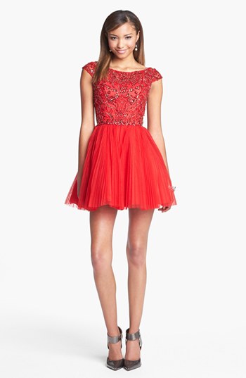 Sherri Hill Embellished Tulle Fit & Flare Dress (Online Exclusive) in Red