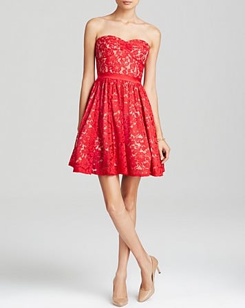 AQUA Dress - Sweetheart Neck Strapless Lace in Red