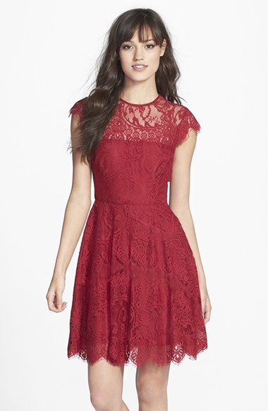 BB Dakota 'Rhianna' Illusion Yoke Lace Fit & Flare Dress in Crimson