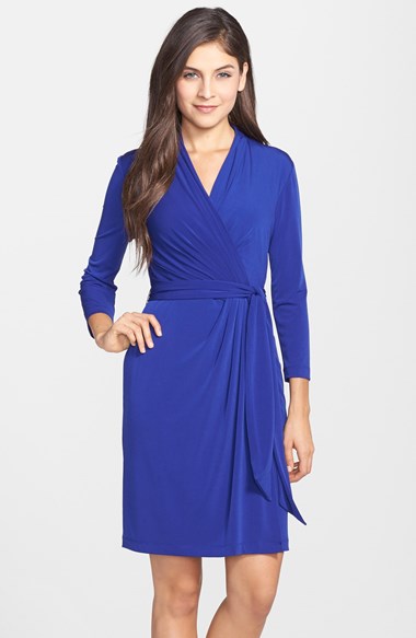 Eliza J Long Sleeve Faux Wrap Jersey Dress (Regular & Petite) in Cobalt