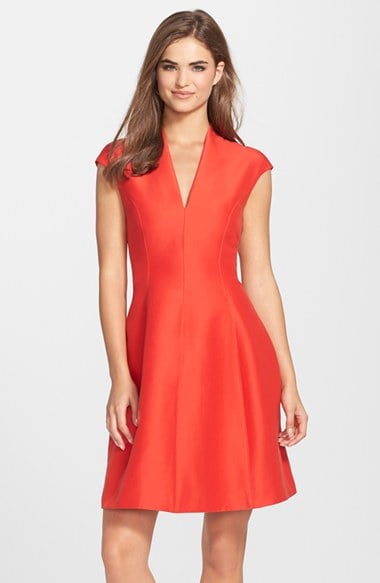 Halston Heritage V-Neck Faille Fit & Flare Dress in Lipstick