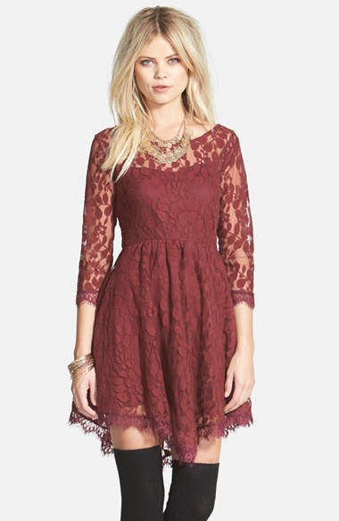 Free People Floral Mesh Fit & Flare Dress in Crimson