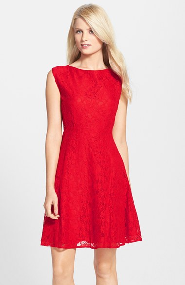 French Connection Lace Fit & Flare Dress in Royal Scarlet