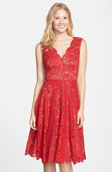 Vera Wang Lace Fit & Flare Dress in Scarlet