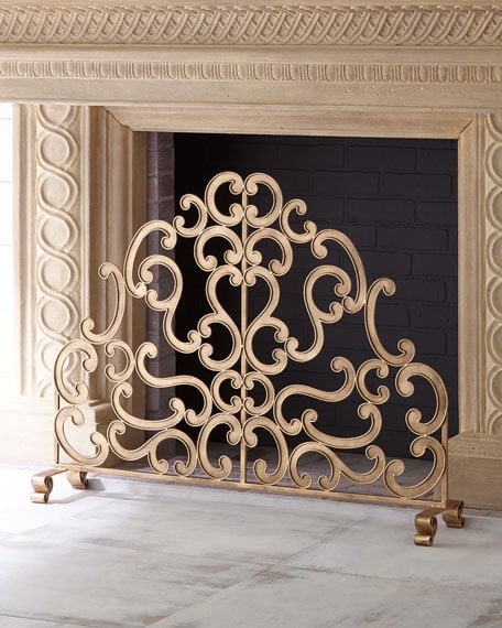 Antiqued Gold Iron and Told Double Scroll Single-Panel Fireplace Screen screens
