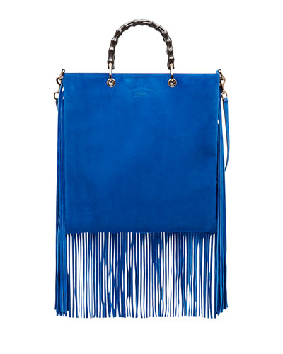 Gucci Bamboo Suede Fringe Shopper Tote Bag, Cobalt