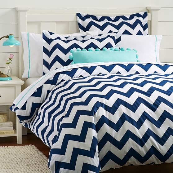 Chevron Duvet Cover + Sham, Royal Navy. PB Teen