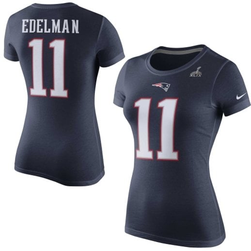 Nike Julian Edelman New England Patriots Women's Navy Blue Super Bowl XLIX Player Pride Name and Number T-Shirt