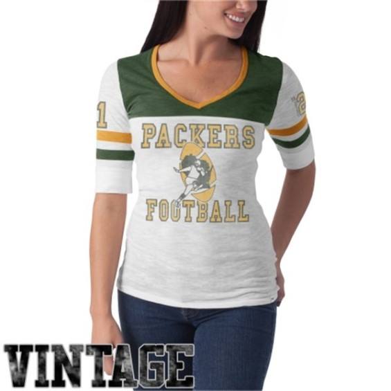 '47 Brand Green Bay Packers Ladies Vintage Debut Slim Fit V-Neck T-Shirt - White