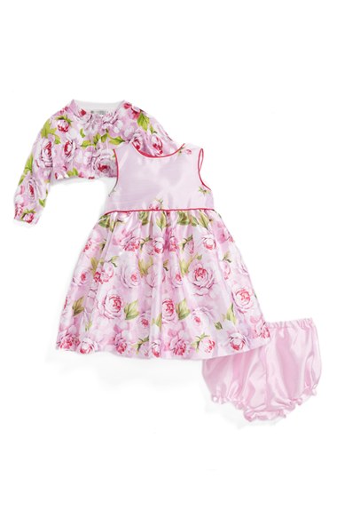 Pippa & Julie Floral Print Dress, Cardigan & Bloomers (Baby Girls) in Lilac