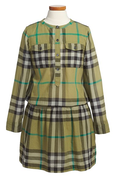 Burberry Check Drop Waist Cotton Dress (Little Girls & Big Girls) in Pale Khaki Green