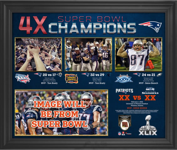 New England Patriots Framed 4-Time Super Bowl Champion Timeline Collage With A Piece Of Game-Used Football - Limited Edition Of 250