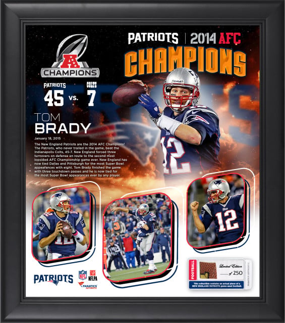 n Of 250 Tom Brady New England Patriots 2014 AFC Champions Framed 15" x 17" Collage with Piece of Game-Used Football – Limited Edition of 250 Roll Over Image to Zoom Commemorate Tom Brady and the New England Patriots as the 2014 AFC Champions with this framed collectible. Each piece comes designed with a collage of images, a team logo, and a piece of game-used football, all framed in black wood. It measures 15'' x 17'' x 1'' and is ready to hang in any home or office. The product comes with a statement of authenticity and is officially licensed by the National Football League. This collectible is a limited edition of 250. Please not that these are not individually-numbered collectibles. ... see more Need help understanding this product? Tom Brady New England Patriots 2014 AFC Champions Framed 15" X 17" Collage With Piece Of Game-Used Football – Limited Edition Of 250
