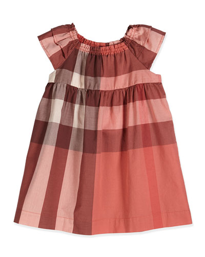 Burberry Check-Print Dress, Coral, Size 3M-3Y