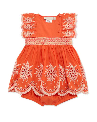 Stella McCartney Floral Eyelet Embroidered Dress & Bloomers, Tangerine, Size 3-24 Months in Tangerine