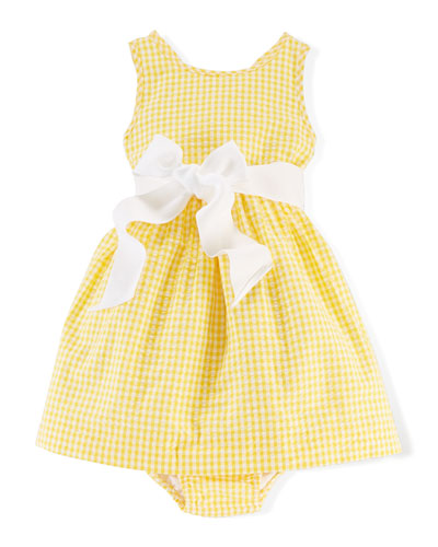 Ralph Lauren Childrenswear Gingham Cotton Seersucker Dress & Bloomers, White/Multicolor, Size 6-24 Months in Yellow Multi