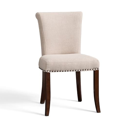 20.75" w x 25.5" d x 36.25" h Expertly crafted with a solid hardwood frame and finished by hand. Metal nailheads finished in Antique Bronze accentuate seat edges. 1940s French classical revival style Spencer Side Chair Pottery Barn, Candace Rose