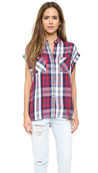 RAILS Britt Sleeveless Button Down Plaid Shirt in Cherry/Navy