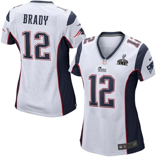  Zoom Image Alternate Image 1 Alternate Image 2 Alternate Image 3 Click image to enlarge This item ships within one business day. Order as many items as you like with our $4.99 flat rate shipping. Need it faster? New England Patriots Women's Tom Brady Nike White Super Bowl XLIX Game Jersey