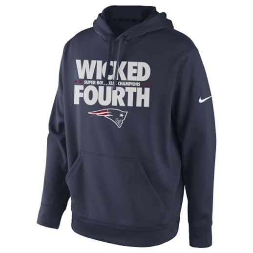  Zoom Image This is a special event item. Orders containing this item will be shipped separately. This item will be shipped no later than Tuesday, February 17th. Order as many items as you like with our $4.99 flat rate shipping. Need it faster? Nike New England Patriots Navy Blue Super Bowl XLIX Champions Celebration Multi Champs Wicked Fourth Slogan Pullover Hoodie