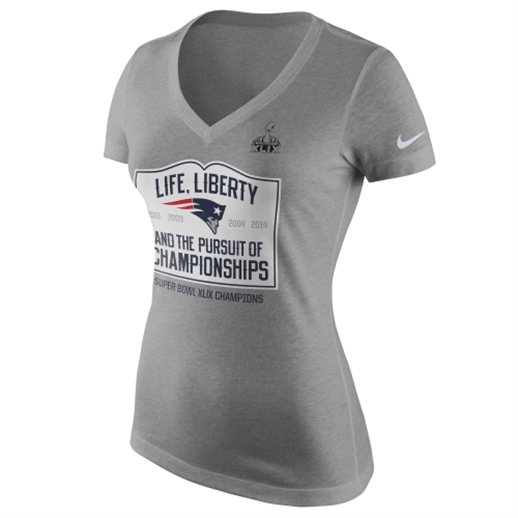 Nike New England Patriots Women's Gray Life Liberty And The Pursuit of Championships Super Bowl XLIX Champions Celebration Local T-Shirt 